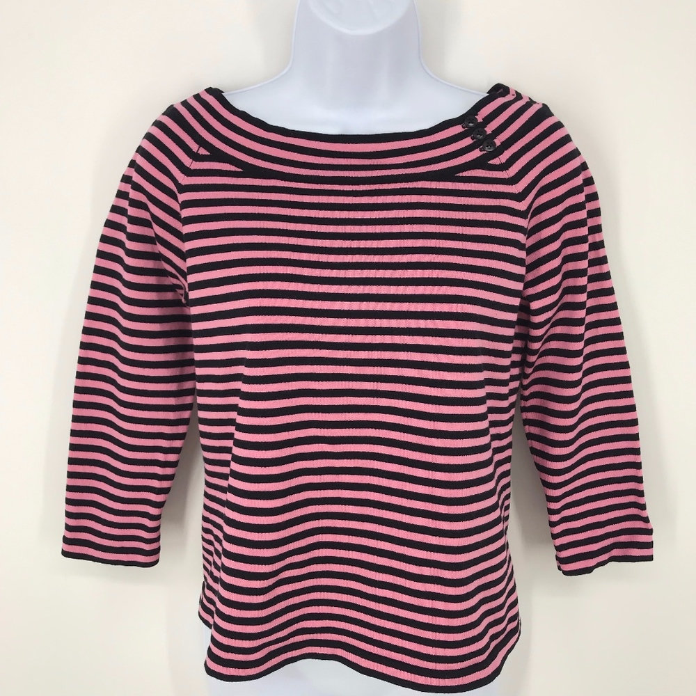 Pink and Black Striped Knit 3/4 Sleeve Top